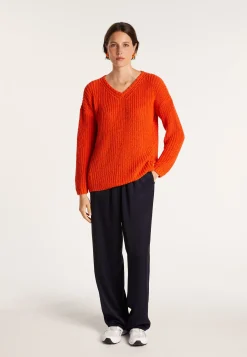 Montagut Pulls-Pull col V en maille côtelée - Bulle 15-Orange