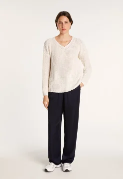 Montagut Pulls-Pull col V en maille côtelée - Bulle 82-Ecru