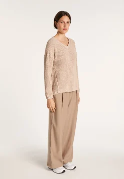 Montagut Pulls-Pull col V en maille côtelée - Bulle 13-Beige moyen