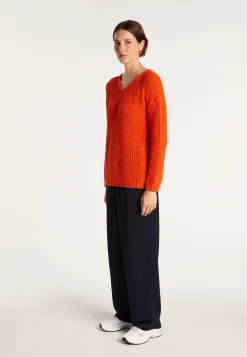 Montagut Pulls-Pull col V en maille côtelée - Bulle 15-Orange
