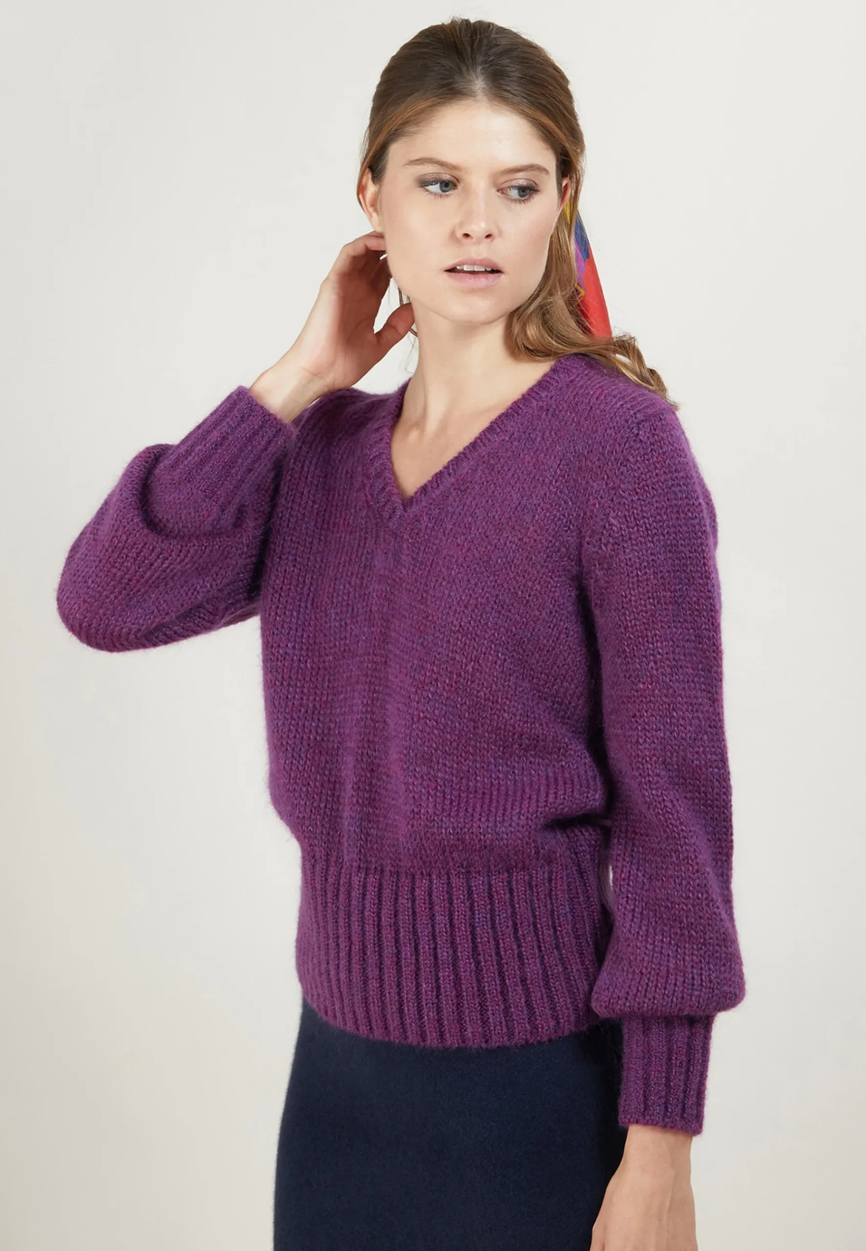 Montagut Pulls-Pull col V en mohair - Gracy 18-Violet foncé