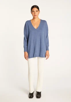 Montagut Les Incontournables-Pull col V oversize en cachemire - Apolline 95-Bleu denim