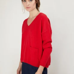 Montagut Pulls-Pull court col V en cachemire avec poches - Balba 52-Rouge