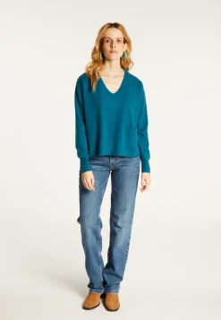 Montagut Pulls-Pull court col V en cachemire avec poches - Balba 06-Bleu moyen