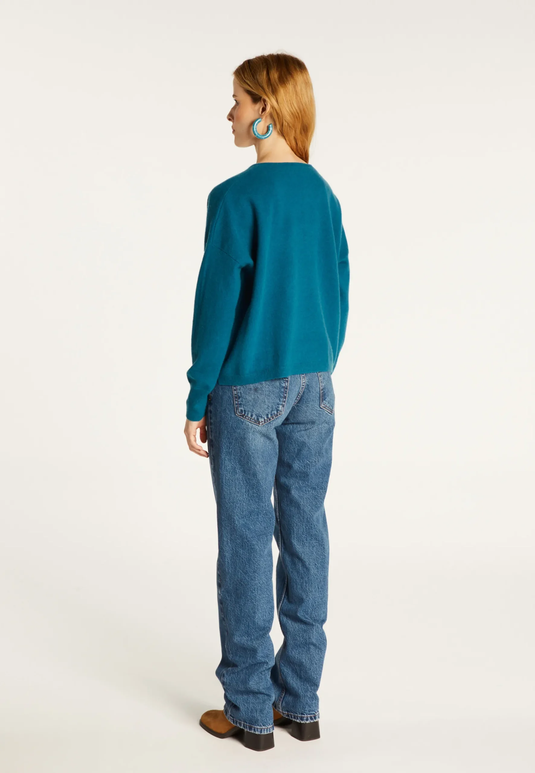 Montagut Pulls-Pull court col V en cachemire avec poches - Balba 06-Bleu moyen