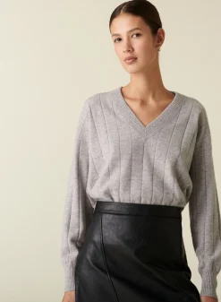 Montagut Pulls-Pull en cachemire col V en jeu de maille quadrillé - Canelle 11-Gris clair