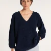Montagut Pulls-Pull en velours de coton grand col V - Mariette 05-Bleu marine