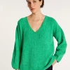 Montagut Pulls-Pull en velours de coton grand col V - Mariette 21-Vert foncé