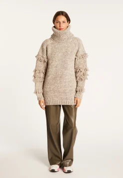 Montagut Pulls-Pull gros col roulé à franges - Sage 11-Gris clair
