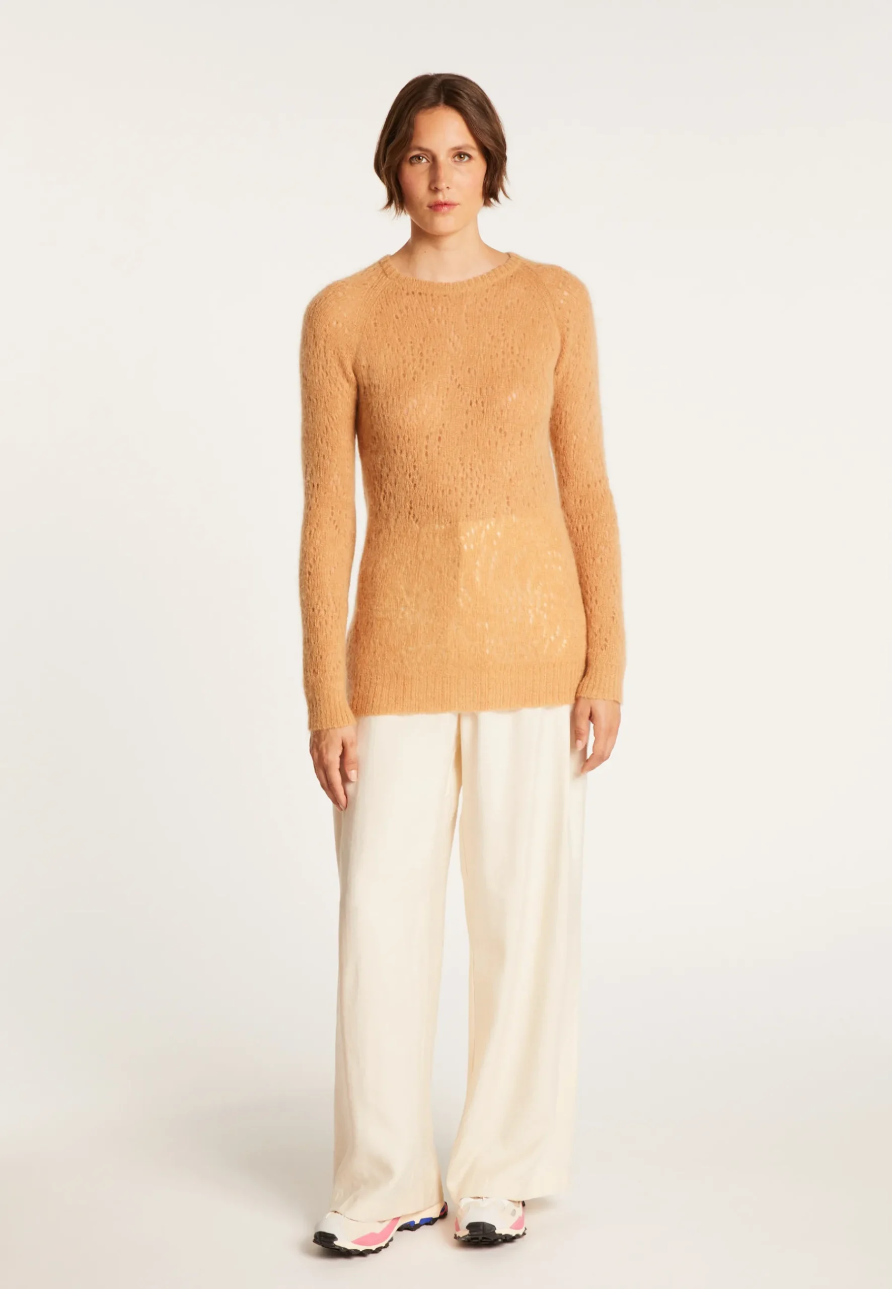 Montagut Pulls-Pull long en mohair ajouré - Emelin 46-Marron clair