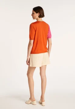 Montagut Pulls-Pull manches courtes laine bicolore col V - Jackie 15-Orange
