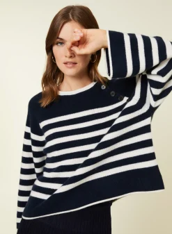 Montagut Pulls-Pull marinière en cachemire à manches ample - Gaelle 05-Bleu marine