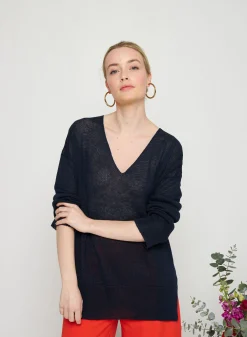 Montagut Pulls-Pull oversize col V en lin - Tiphaine 05-Bleu marine