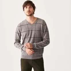 Montagut Pulls-Pull quadrillé col V en cachemire - Arturo 11-Gris clair