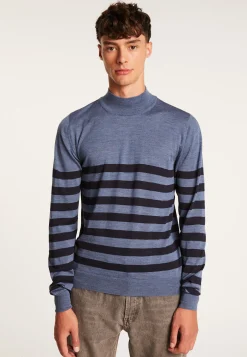 Montagut Pulls-Pull rayé col montant en laine - Lazaar 05-Bleu marine