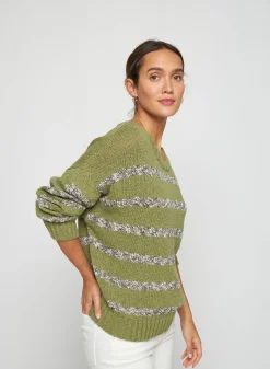 Montagut Pulls-Pull rayé en coton et lin - Thildie 22-Vert moyen