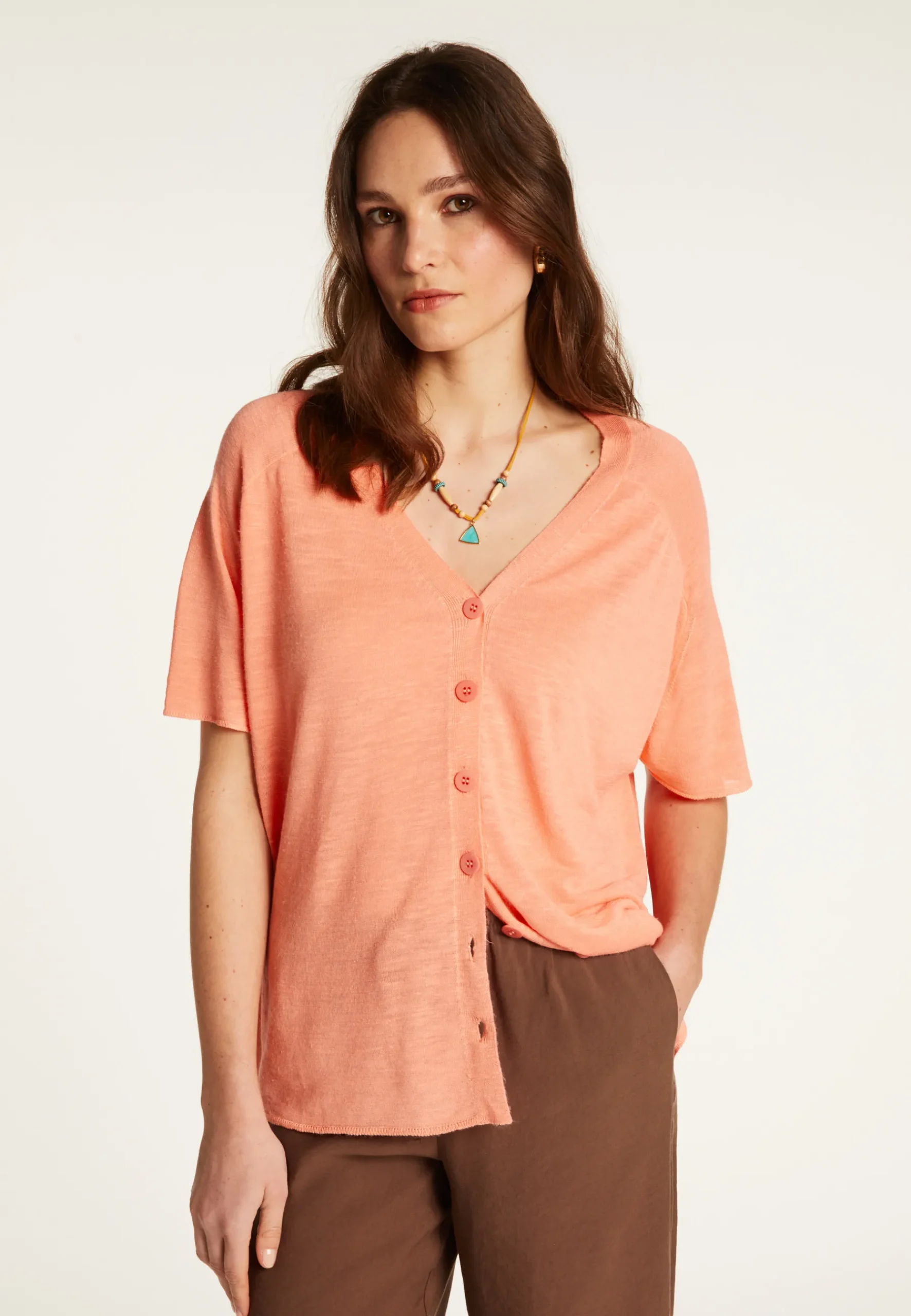 Montagut T-Shirts Et Débardeurs-T-shirt à boutons en lin flammé - Lily 15-Orange