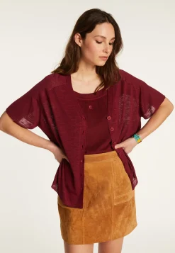 Montagut T-Shirts Et Débardeurs-T-shirt à boutons en lin flammé - Lily 51-Bordeaux
