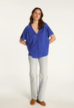 Montagut T-Shirts Et Débardeurs-T-shirt à boutons en lin flammé - Lily 48-Bleu roi