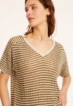 Montagut T-Shirts Et Débardeurs-T-shirt ajouré en lin col V - Marguerite 83-Kaki