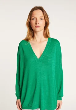 Montagut T-Shirts Et Débardeurs-T-shirt ample col v en lin flammé - Beja 22-Vert moyen