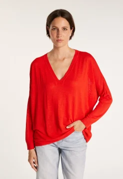 Montagut T-Shirts Et Débardeurs | Pulls-T-shirt ample col v en lin flammé - Beja 52-Rouge