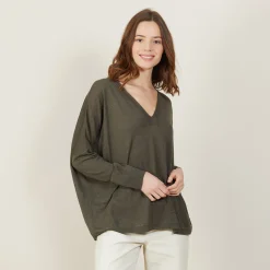 Montagut T-Shirts Et Débardeurs-T-shirt ample col v en lin flammé - Beja 83-Kaki