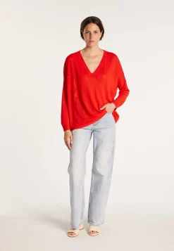Montagut T-Shirts Et Débardeurs | Pulls-T-shirt ample col v en lin flammé - Beja 52-Rouge