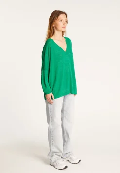 Montagut T-Shirts Et Débardeurs-T-shirt ample col v en lin flammé - Beja 22-Vert moyen
