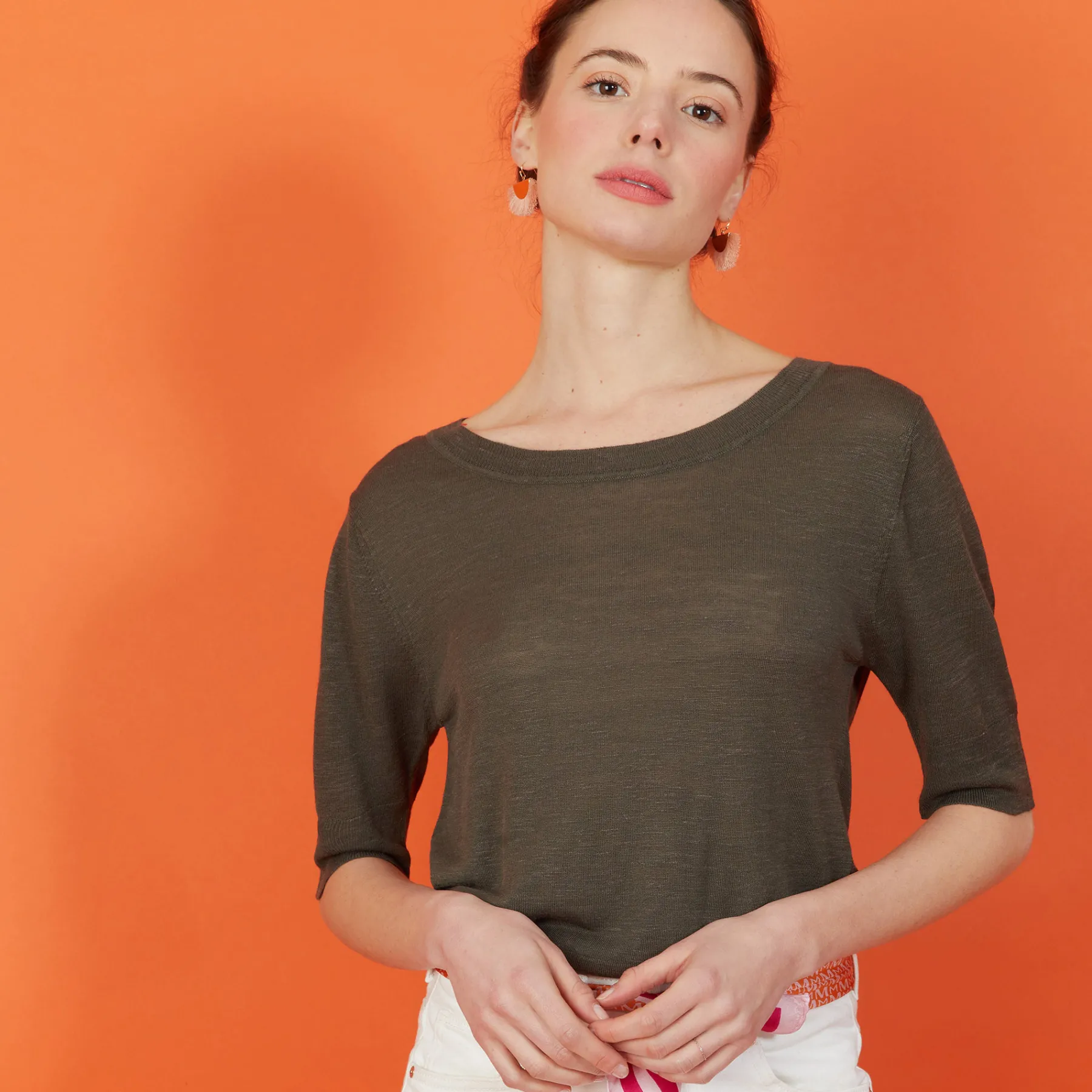 Montagut T-Shirts Et Débardeurs-T-shirt col rond en lin flammé - Bonni 83-Kaki