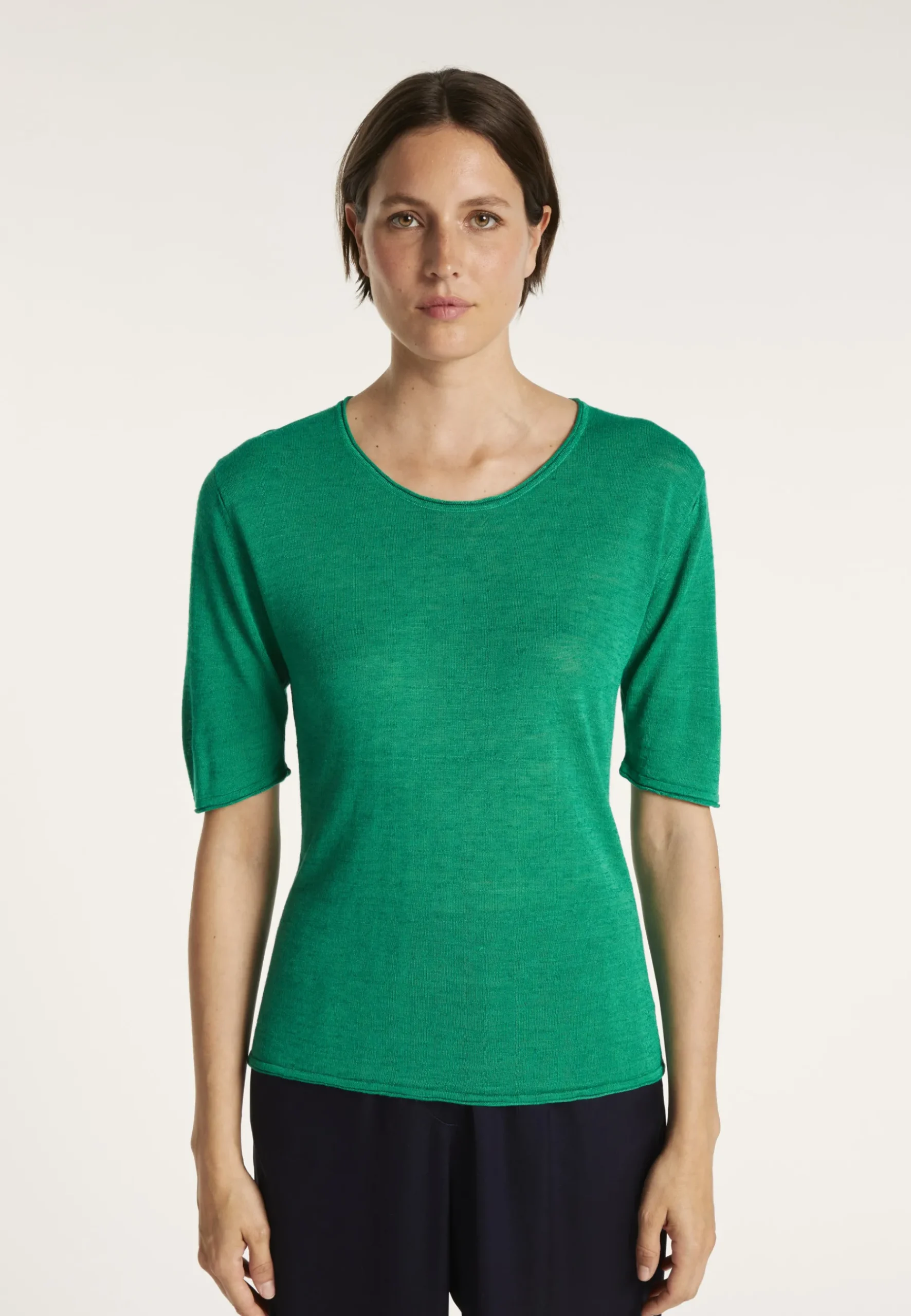 Montagut T-Shirts Et Débardeurs-T-shirt col rond en lin flammé manches coudes - Mady 21-Vert foncé