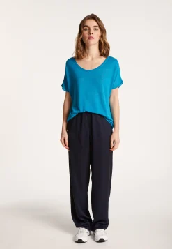 Montagut T-Shirts Et Débardeurs-T-shirt col rond en lin flammé - Loli 49-Turquoise