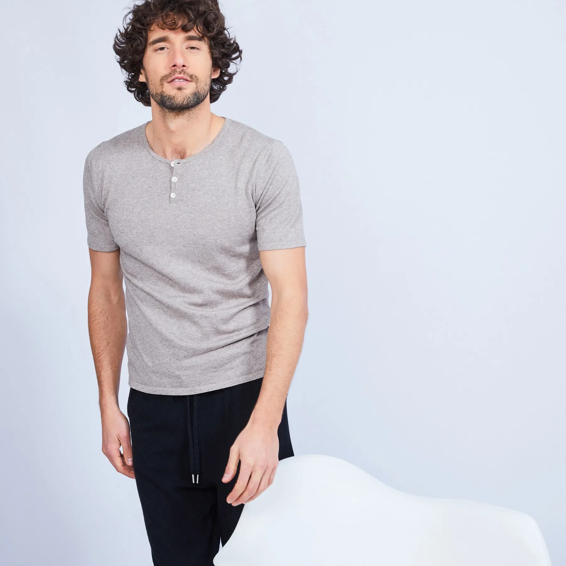 Montagut Polos Et T-Shirts-T-shirt col tunisien en coton cachemire - Haruni 14-Beige foncé