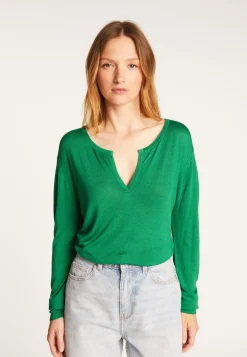 Montagut Les Incontournables-T-shirt col tunisien en fibre de bambou cachemire - Aesha 22-Vert moyen