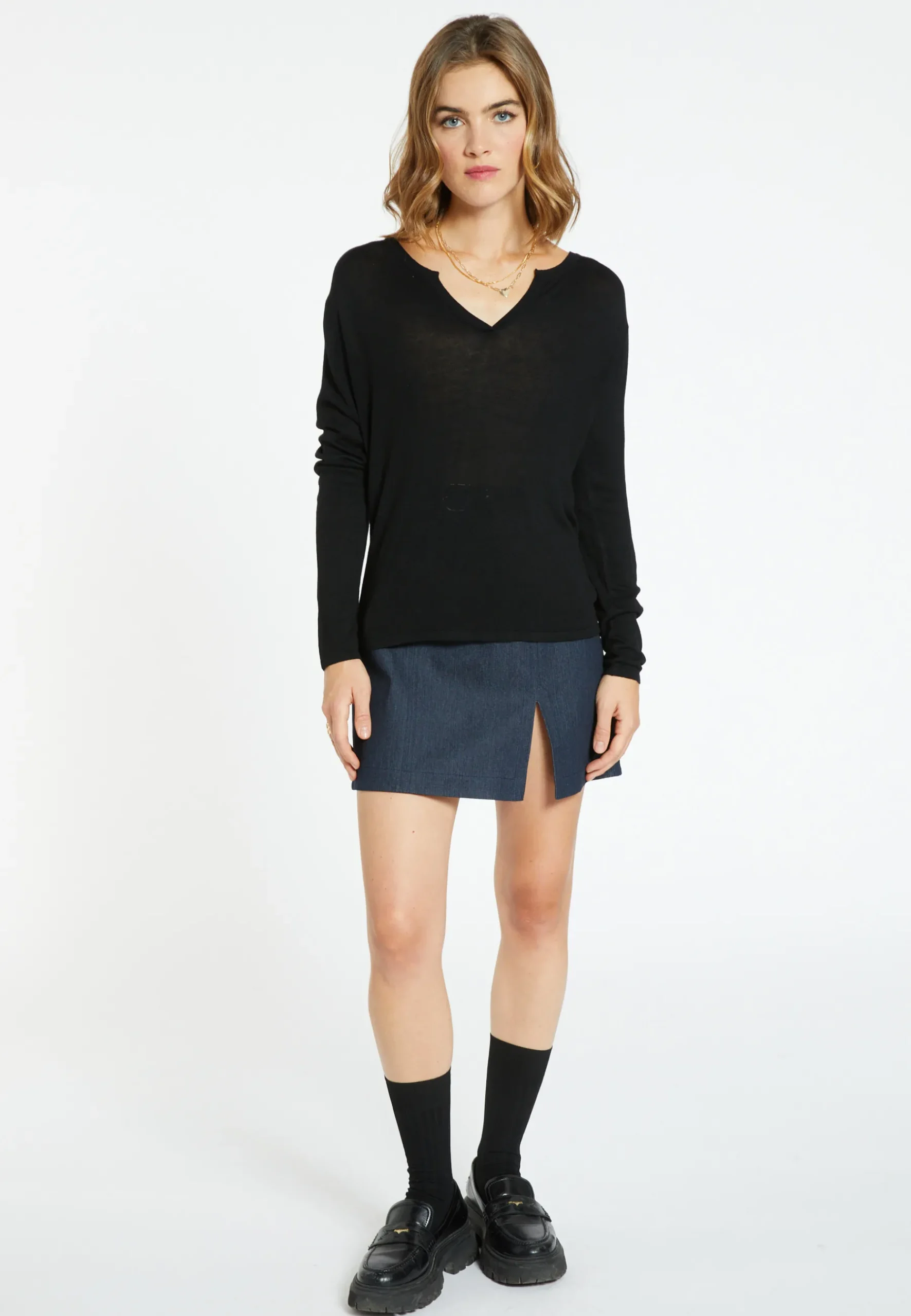 Montagut Les Incontournables-T-shirt col tunisien en fibre de bambou cachemire - Aesha 01-Noir