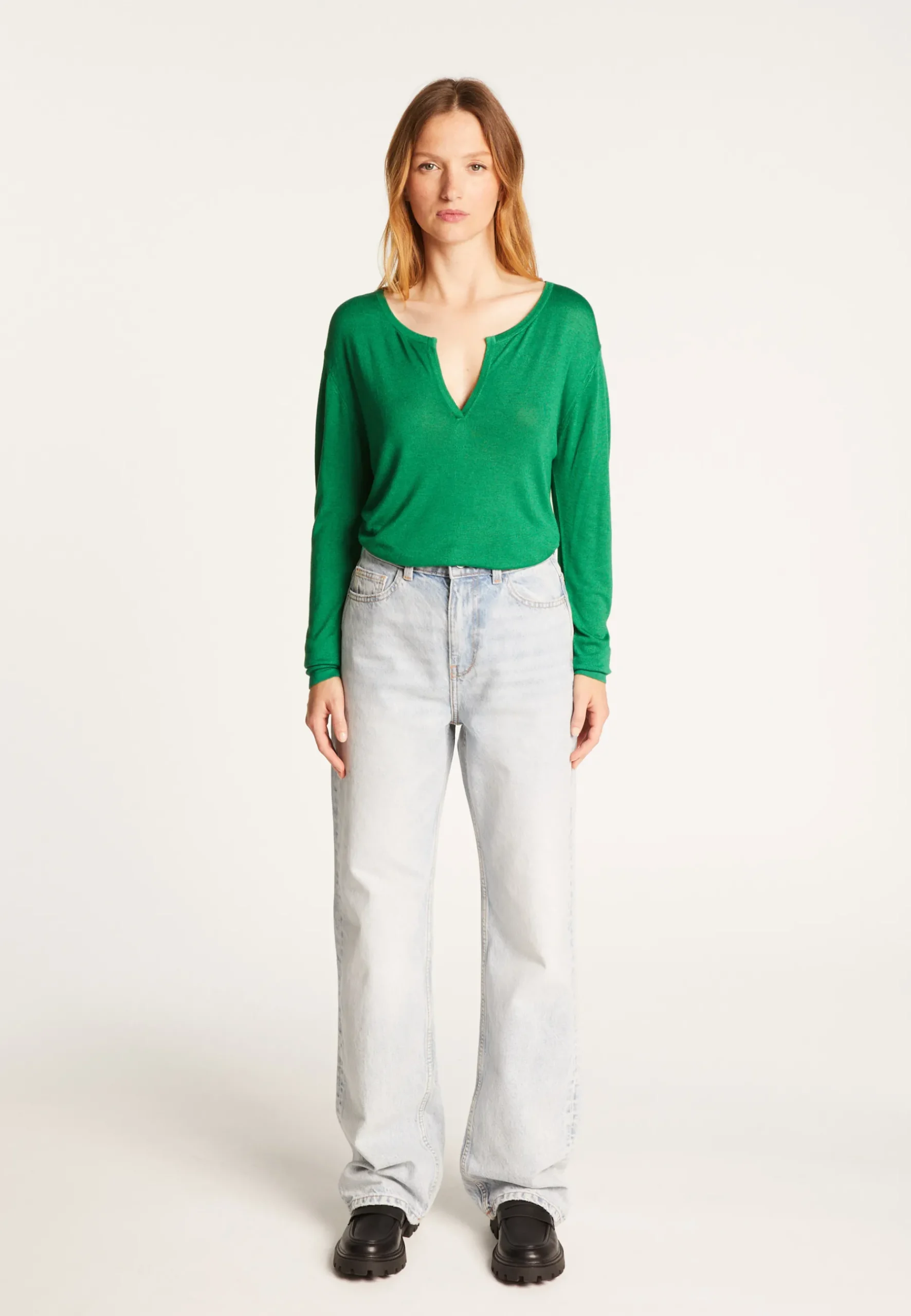 Montagut Les Incontournables-T-shirt col tunisien en fibre de bambou cachemire - Aesha 22-Vert moyen
