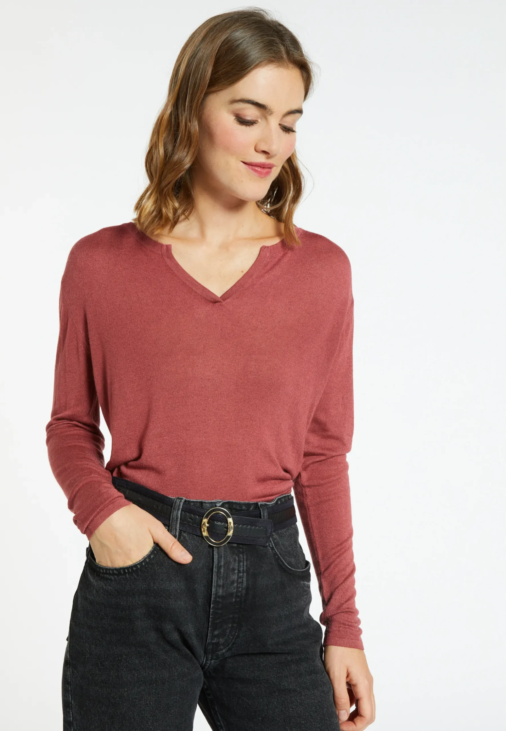 Montagut Les Incontournables-T-shirt col tunisien en fibre de bambou cachemire - Aesha 51-Bordeaux