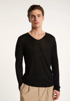 Montagut Polos Et T-Shirts-T-shirt col tunisien en lin flammé - Blayne 01-Noir