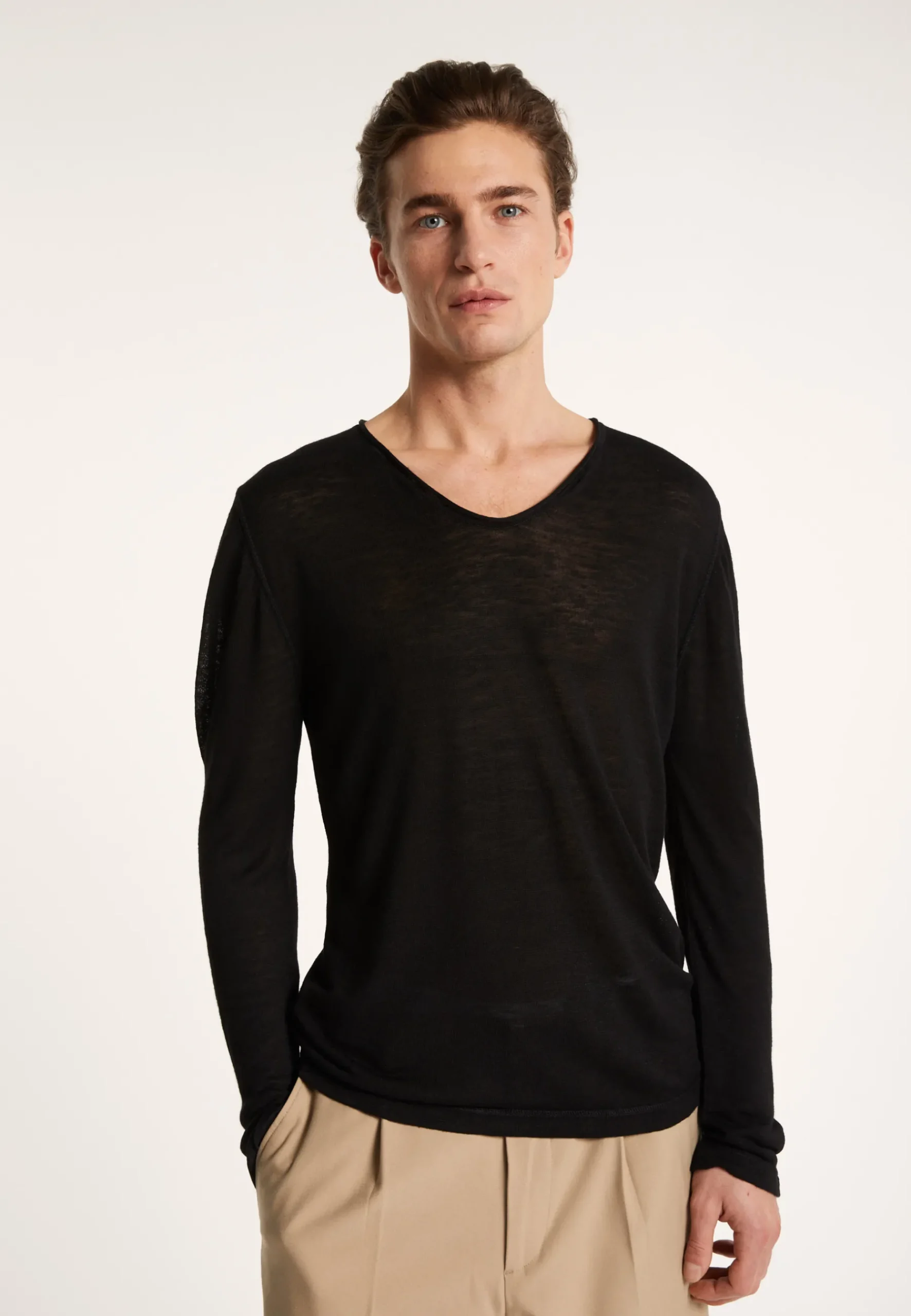 Montagut Polos Et T-Shirts-T-shirt col tunisien en lin flammé - Blayne 01-Noir
