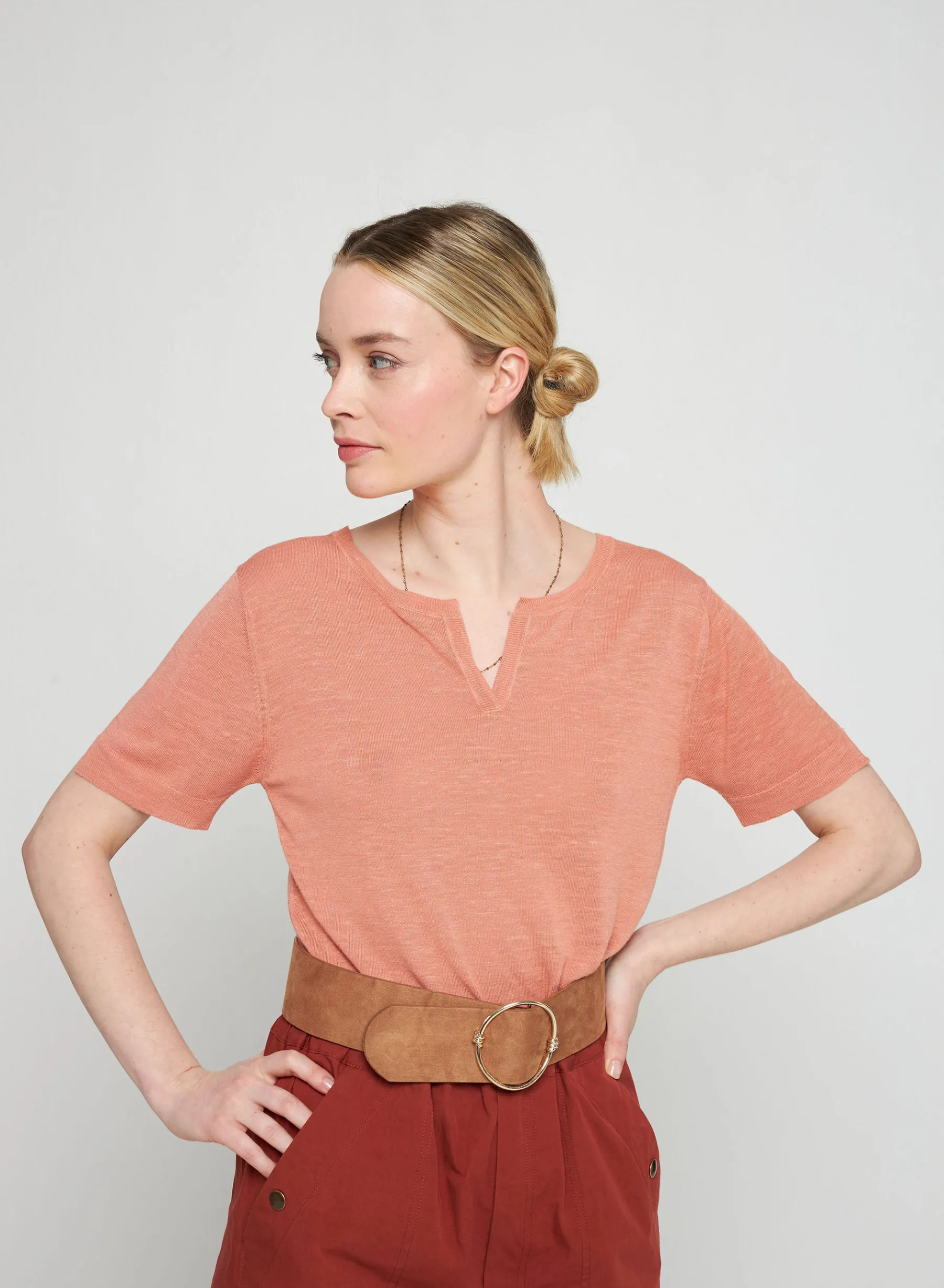 Montagut T-Shirts Et Débardeurs-T-shirt col tunisien en lin flammé - Bohême 24-Rose clair