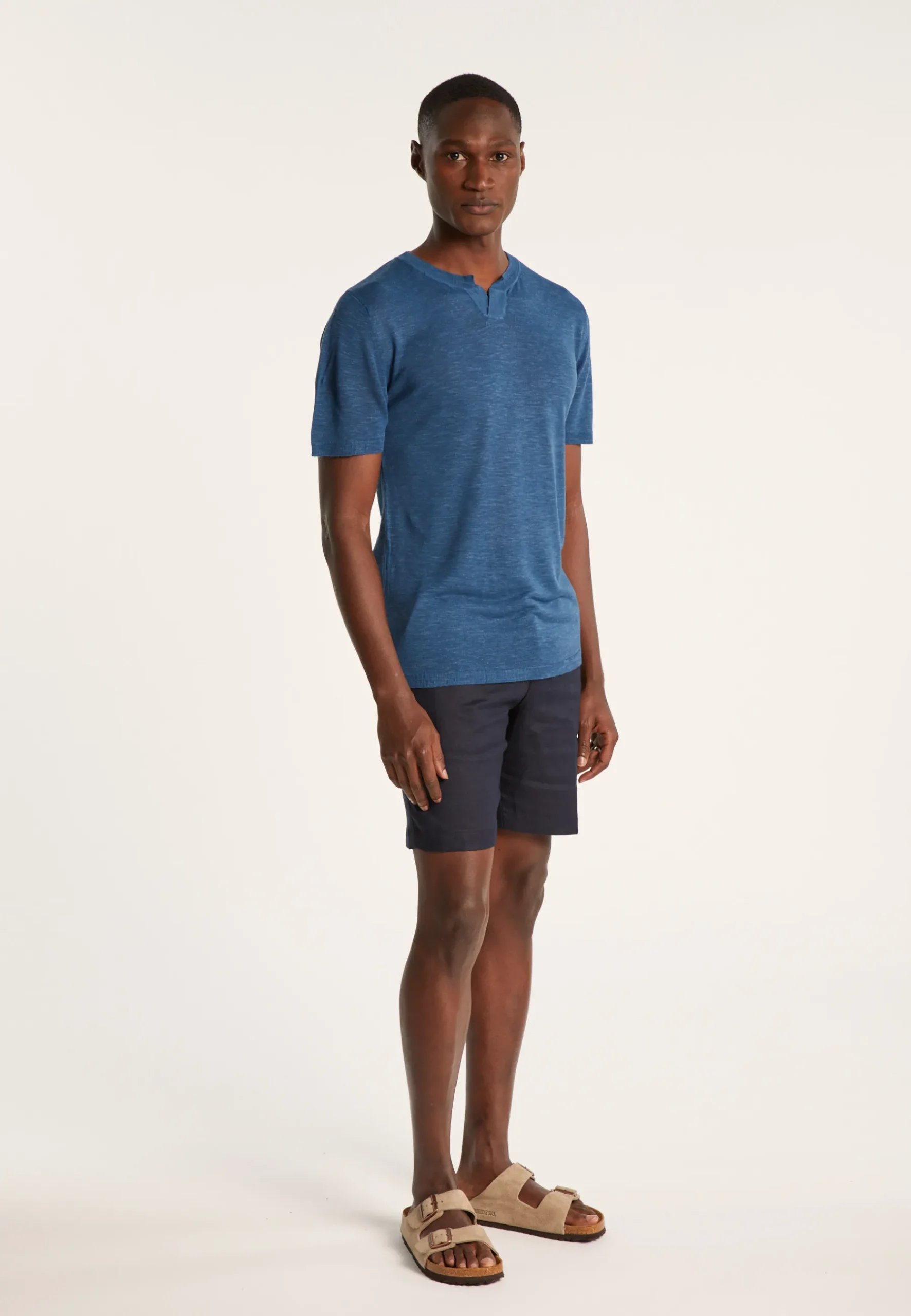 Montagut Polos Et T-Shirts-T-shirt col tunisien en lin flammé - Barakae 06-Bleu moyen