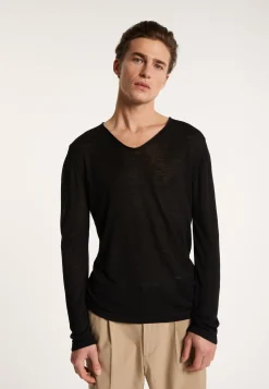 Montagut Polos Et T-Shirts-T-shirt col tunisien en lin flammé - Blayne 01-Noir