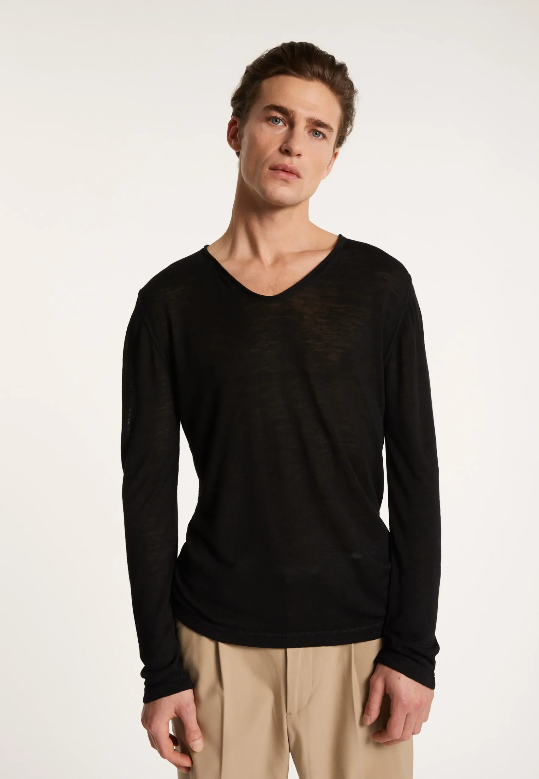 Montagut Polos Et T-Shirts-T-shirt col tunisien en lin flammé - Blayne 01-Noir