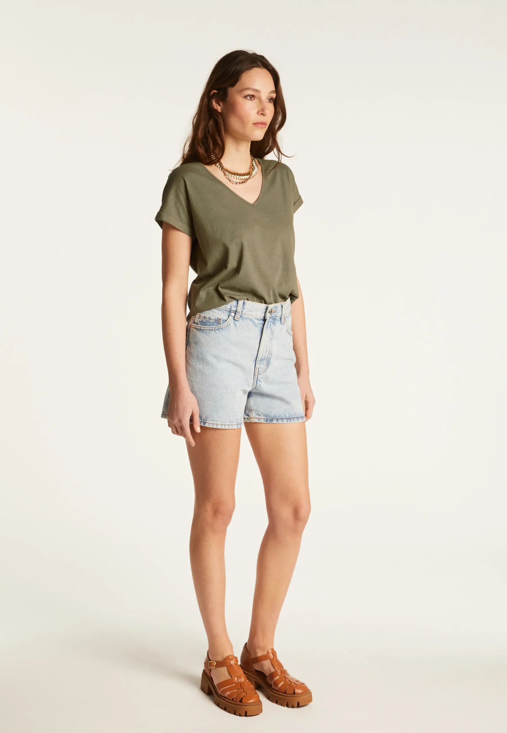 Montagut T-Shirts Et Débardeurs-T-shirt col V en coton - Dasha 83-Kaki