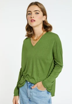 Montagut Les Incontournables-T-shirt col V en fibre de bambou cachemire - Aeline 83-Kaki