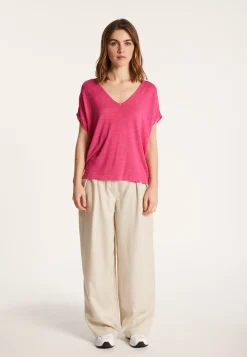 Montagut T-Shirts Et Débardeurs-T-shirt col V en lin flammé - Larra 26-Rose foncé