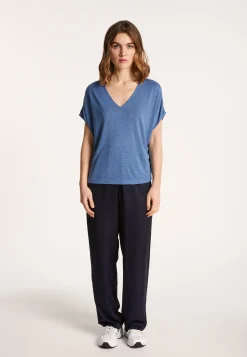 Montagut T-Shirts Et Débardeurs-T-shirt col V en lin flammé - Larra 03-Bleu foncé