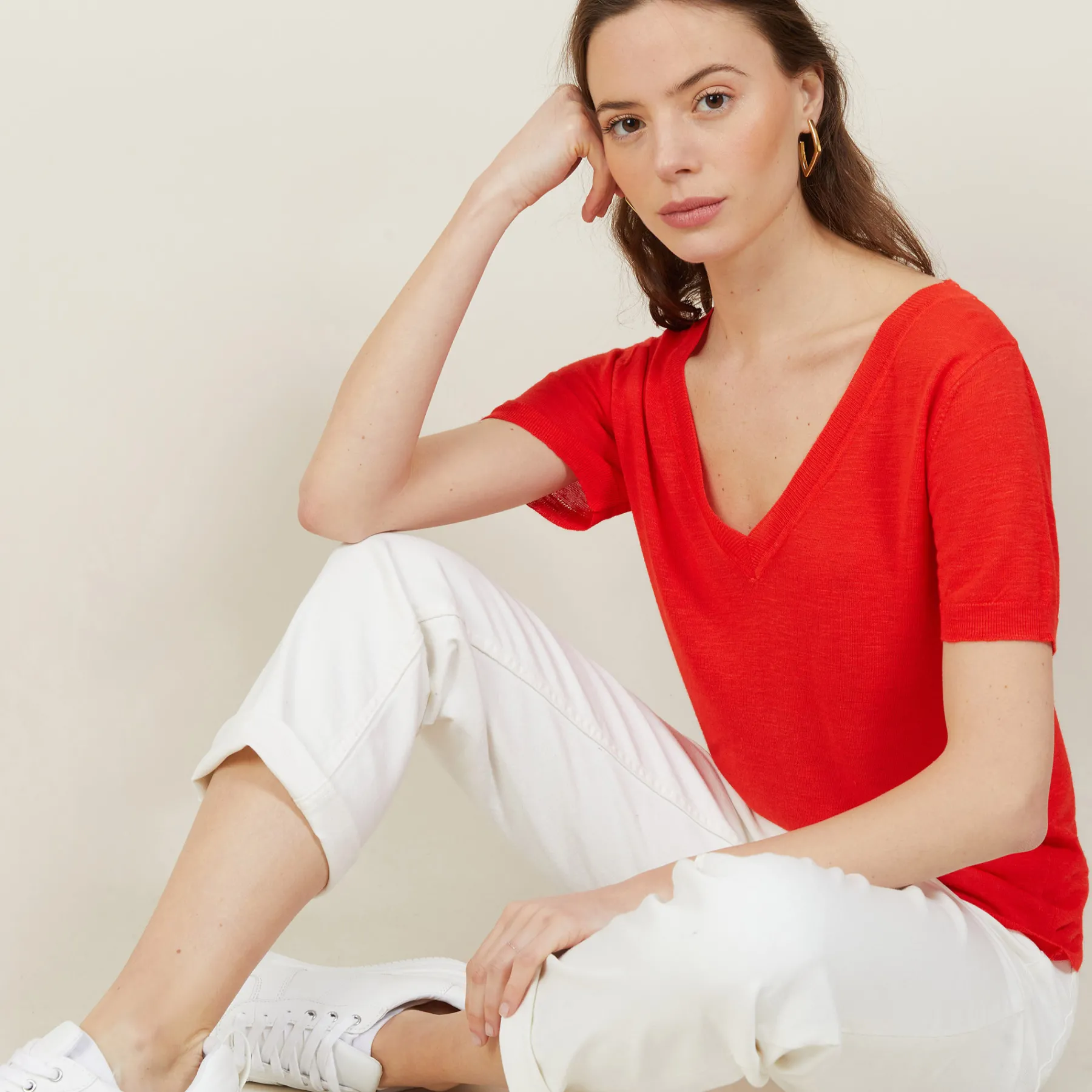 Montagut T-Shirts Et Débardeurs-T-shirt col V en lin flammé - Bountie 52-Rouge