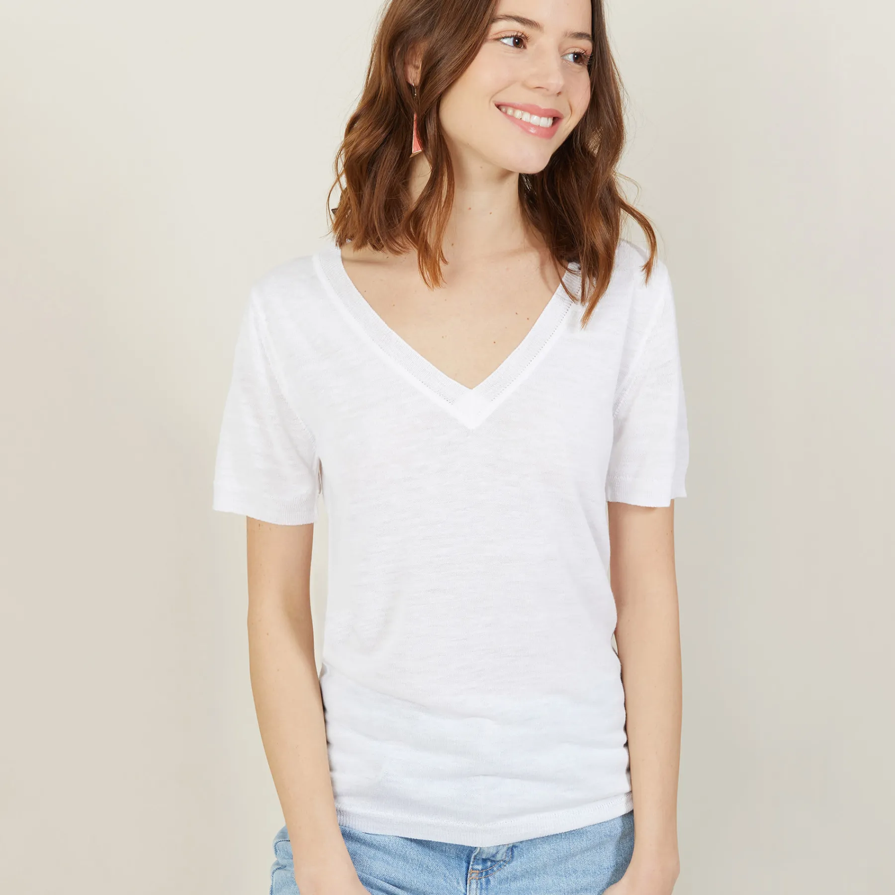 Montagut T-Shirts Et Débardeurs-T-shirt col V en lin flammé - Bountie 02-Blanc