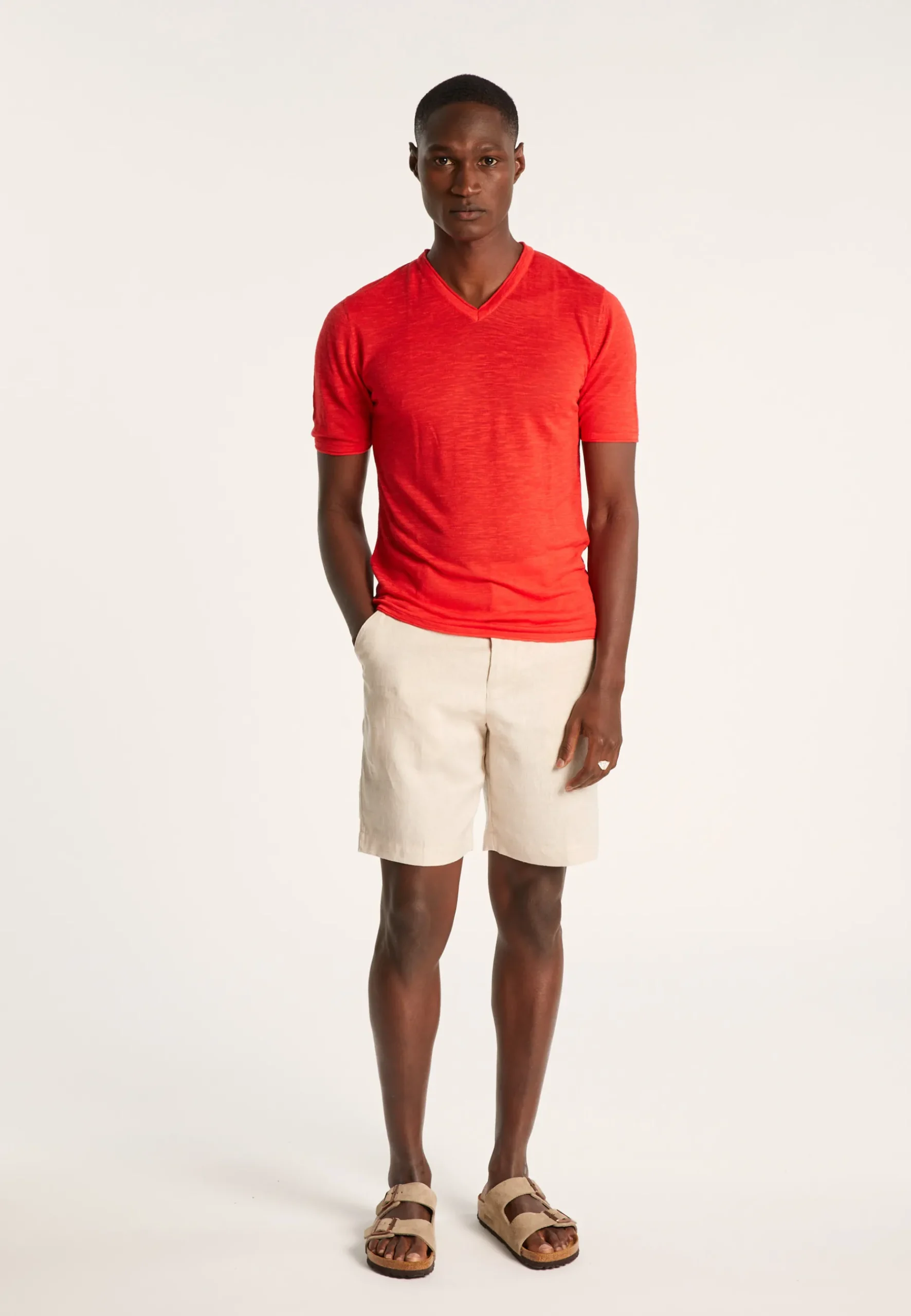Montagut Polos Et T-Shirts-T-shirt col V en lin flammé - Reuben 52-Rouge